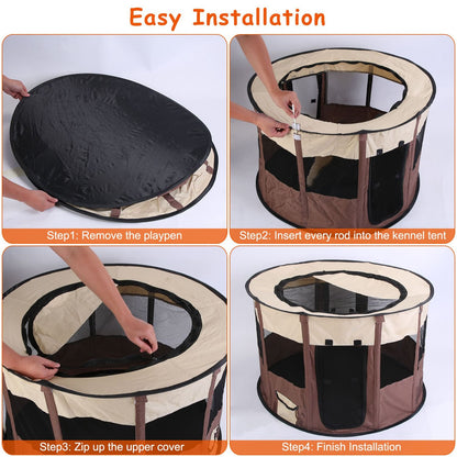 Four-step installation collage showing removal, rod insertion, zipping top and finished playpen
