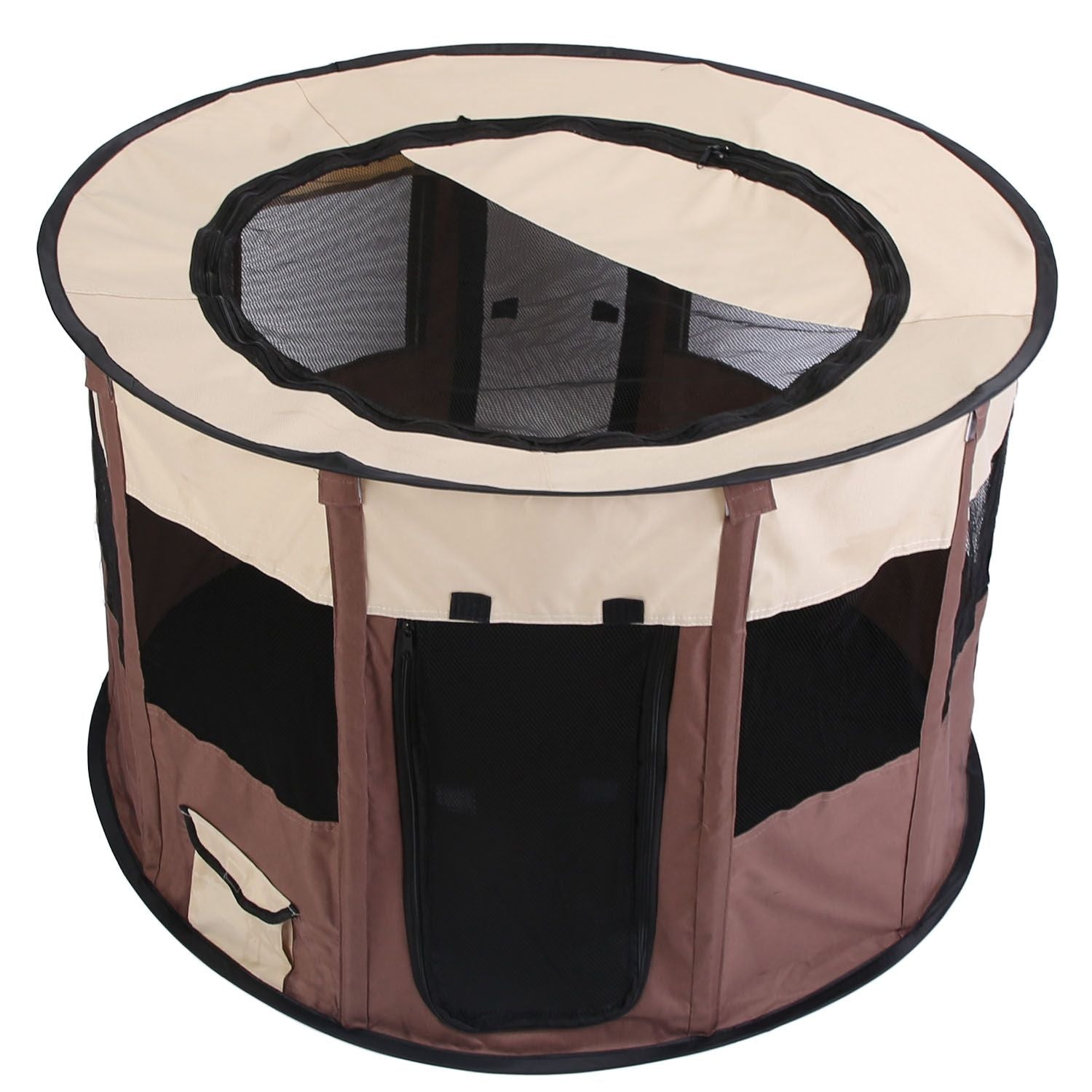 Studio shot of round playpen with zipped mesh top and closed front door