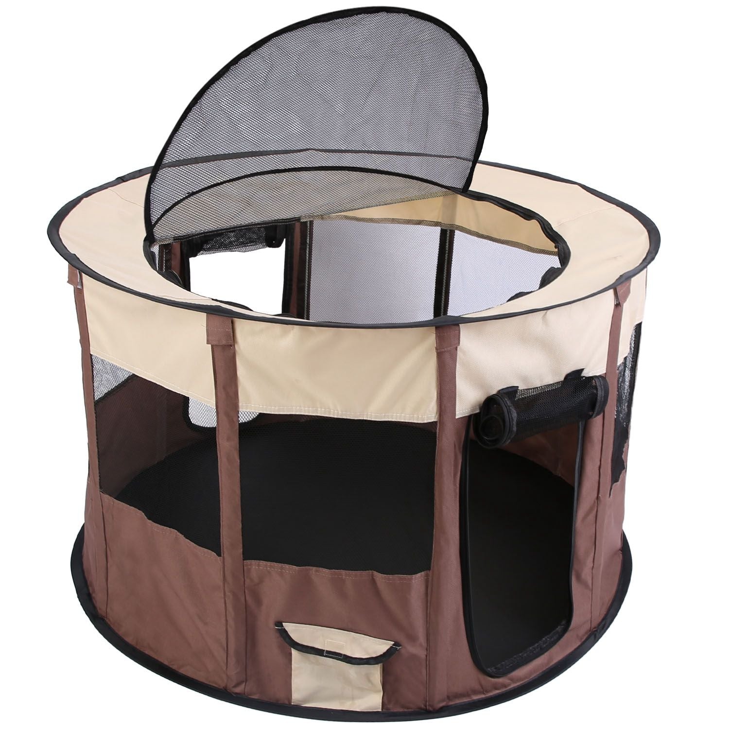 Round coffee and beige playpen with open mesh top and exterior storage pocket