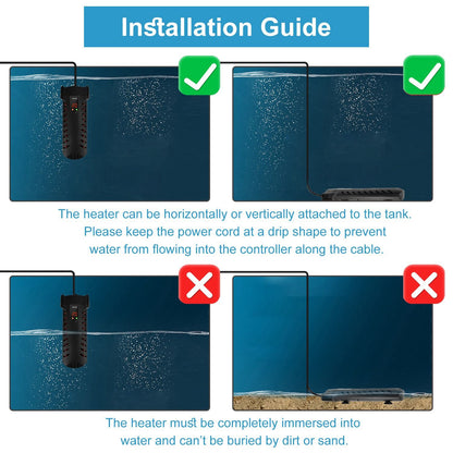 Installation guide showing correct vertical and horizontal mounting and improper buried or partially immersed placements