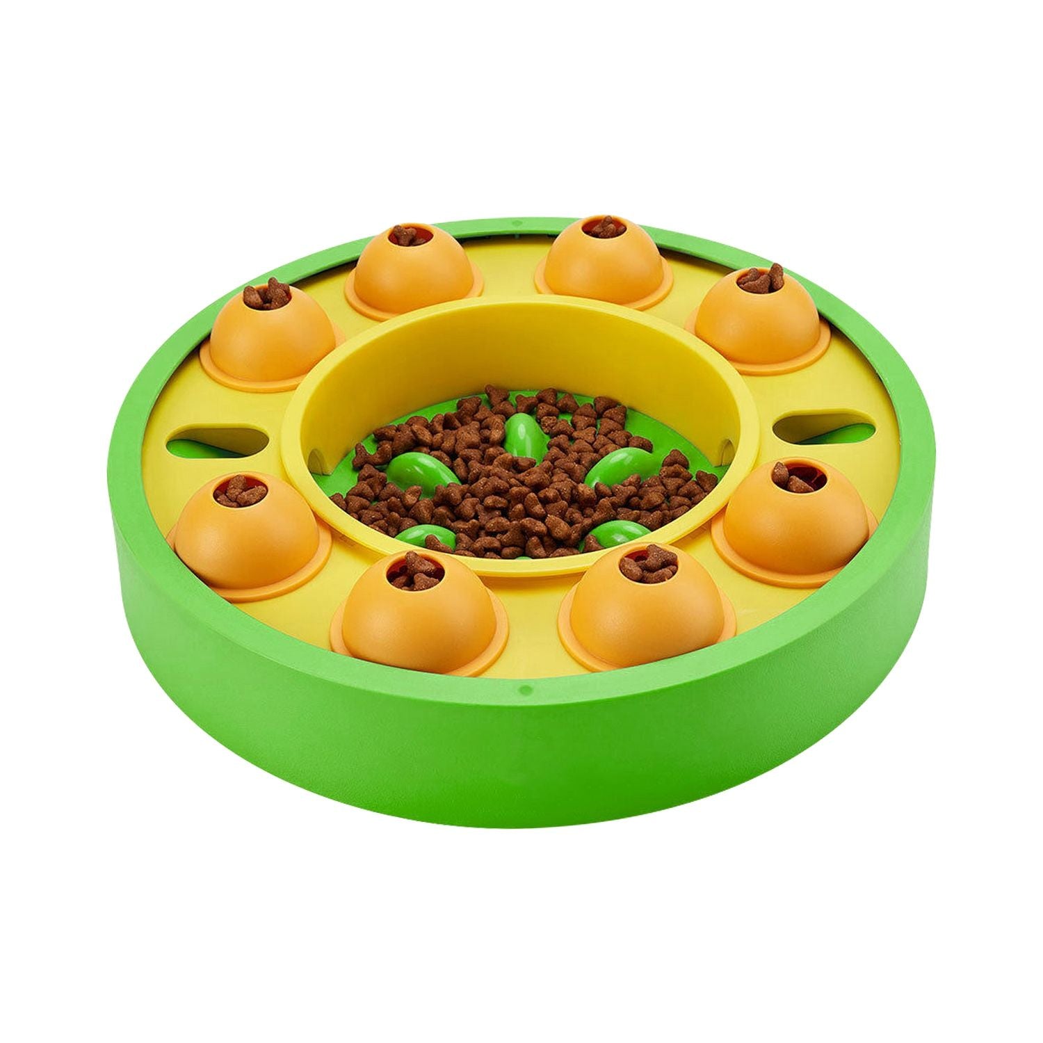 Angled view of green and yellow puzzle feeder with central bowl of kibble and eight orange granaries