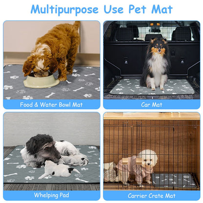 Collage of pad used as bowl mat, car mat, whelping pad and crate liner demonstrating multiple uses