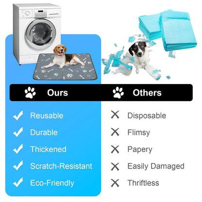 Comparison showing reusable washable pet pad benefits versus disposable pads with icons and photos