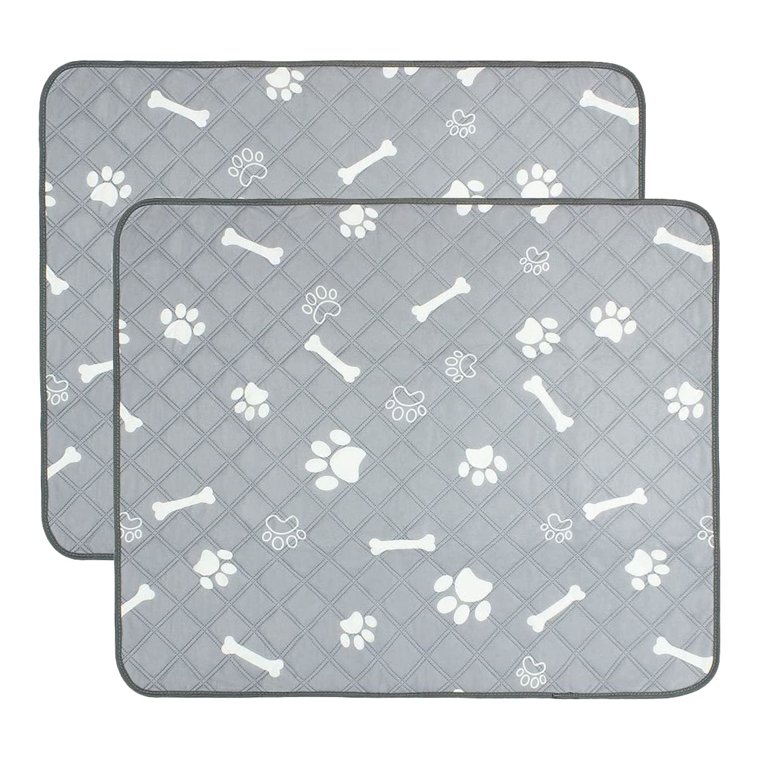 Two matching grey quilted pet pads with white paw and bone pattern shown offset to indicate a 2-piece set