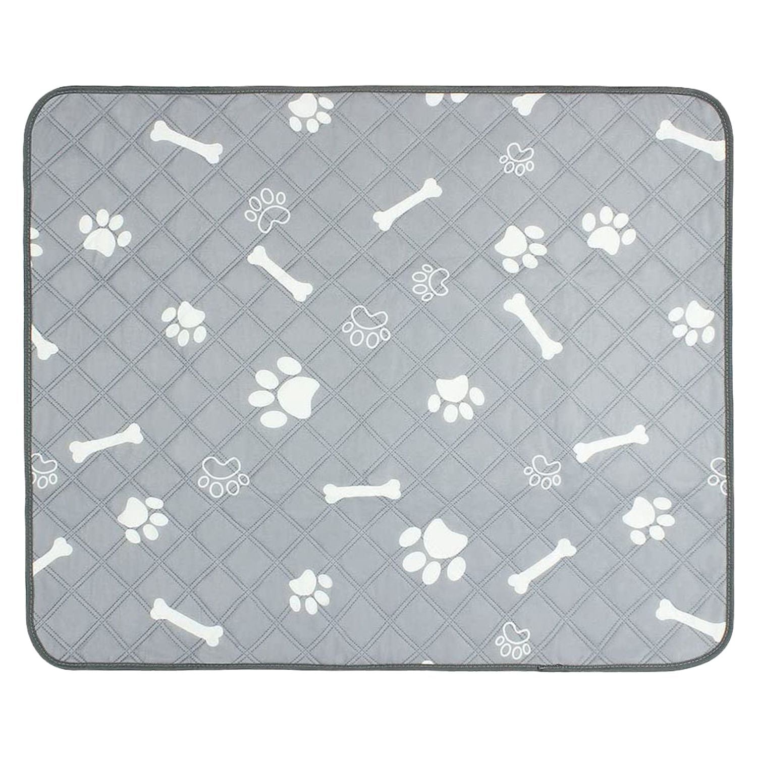 Single grey quilted pet pee pad with white paw and bone pattern shown flat with visible stitching and edge binding