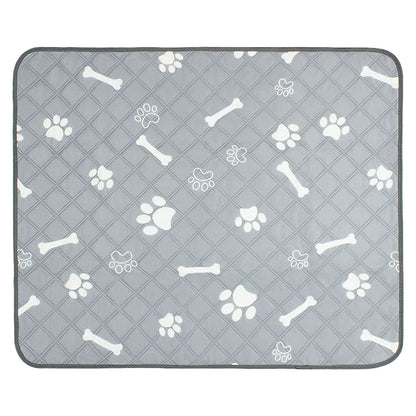 Single grey quilted pet pee pad with white paw and bone pattern shown flat with visible stitching and edge binding
