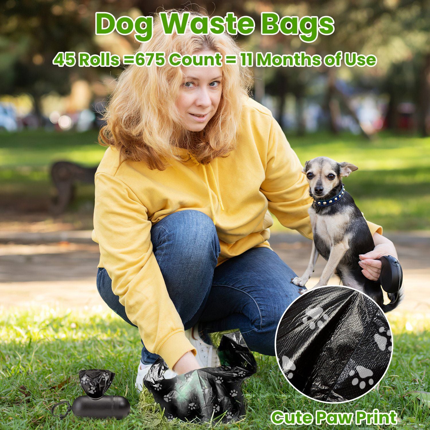 Person kneeling in park picking up dog waste with black paw-print bag