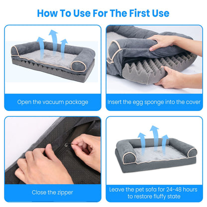 step-by-step images showing unpacking, inserting egg sponge and zipping removable cover