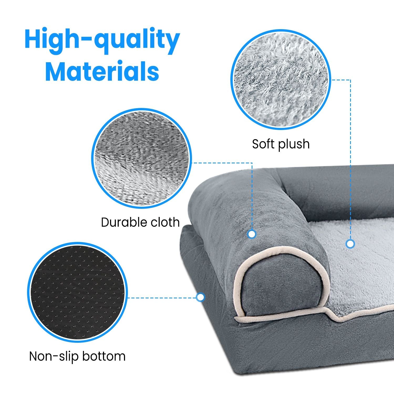 close-up of plush fabric, durable cloth and non-slip bottom of grey dog bed