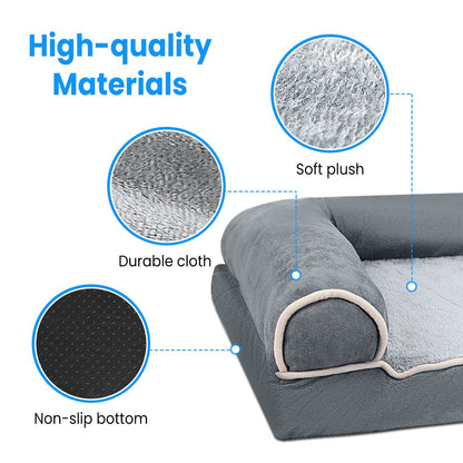 close-up of plush fabric, durable cloth and non-slip bottom of grey dog bed