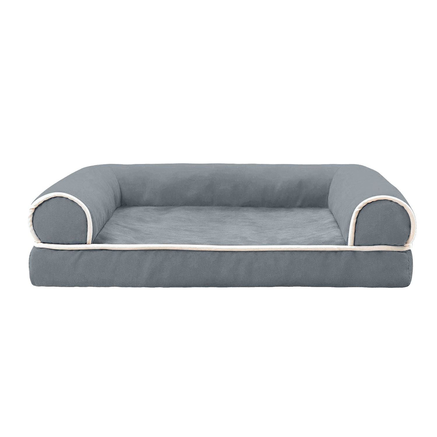 front view empty dark grey pet sofa with plush center and raised sides