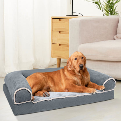 gold dog on dark grey pet couch placed near sofa and nightstand in living room