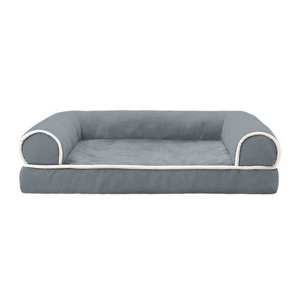 front studio shot empty grey dog bed with rounded bolsters and piping