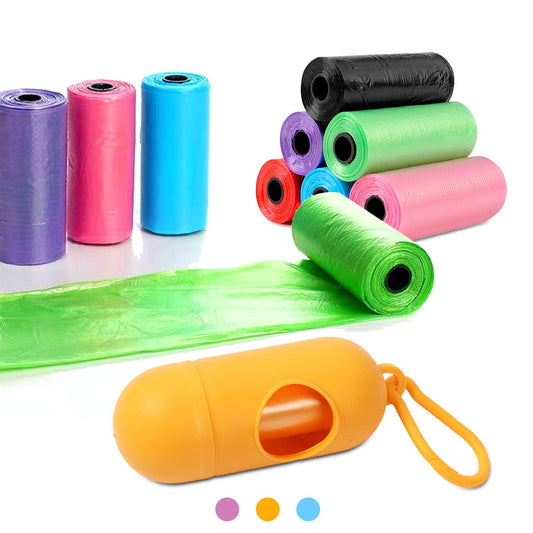 Colorful rolls of dog waste bags with a green unrolled sheet and an orange capsule dispenser with carabiner