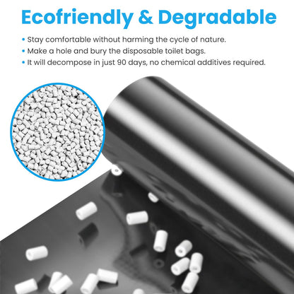 Black roll of biodegradable dog waste bags next to degradable plastic pellets and ecofriendly header text