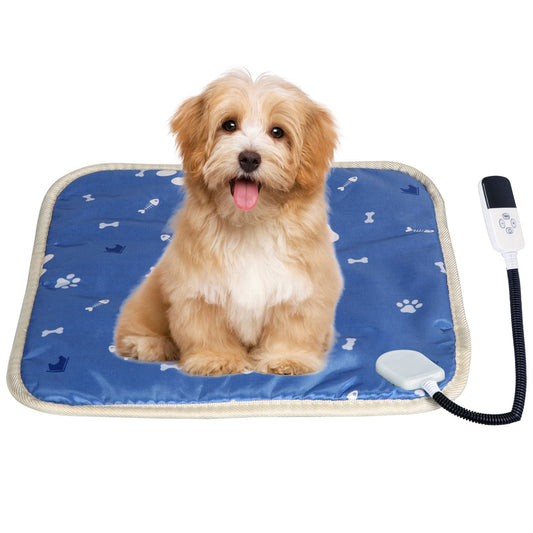 Blue waterproof pet heating pad with paw print, controller and flexible PVC tube connected at corner