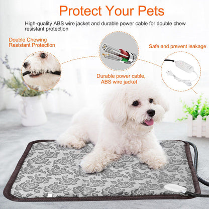 Small dog on floral heating pad with chew-resistant cord and controller