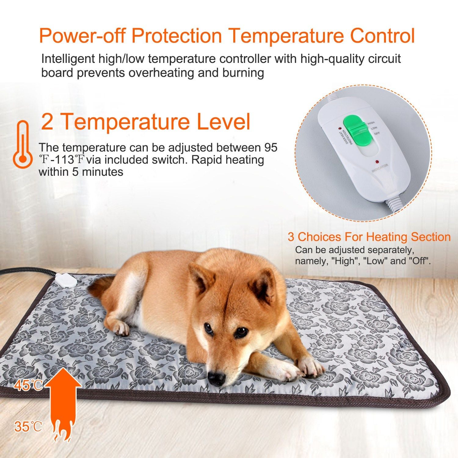 Floral heating pad with controller showing temperature control and dog