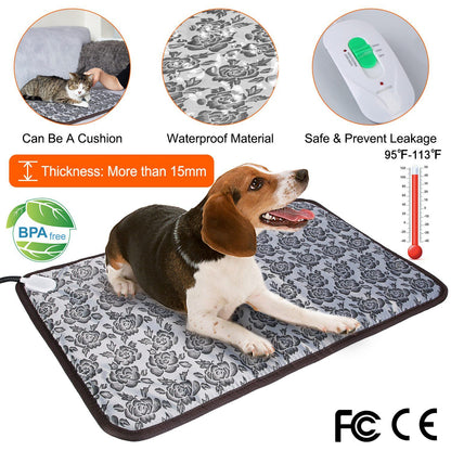 Gray floral heated pet pad on couch with connector and trim