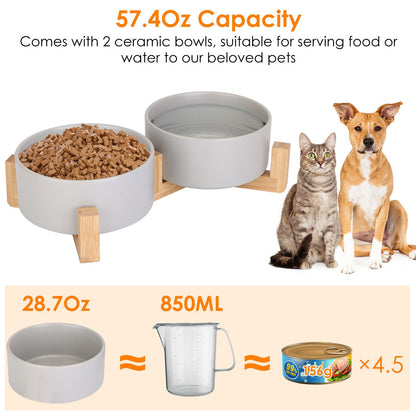 Double 28.7oz ceramic bowls on wooden stand with capacity labels and kibble shown.