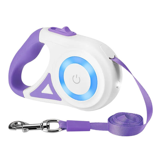 white and purple retractable dog leash with RGB ring and flat nylon leash