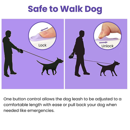 infographic showing one-button lock and unlock operation for the retractable leash