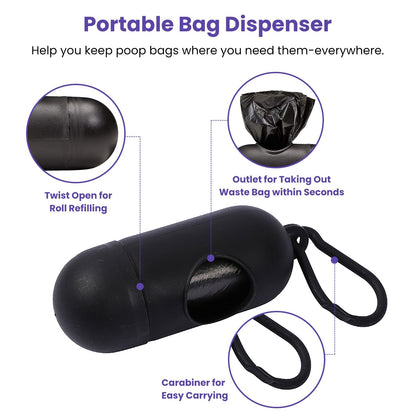 small black capsule waste bag dispenser with twist-open refill and carabiner loop