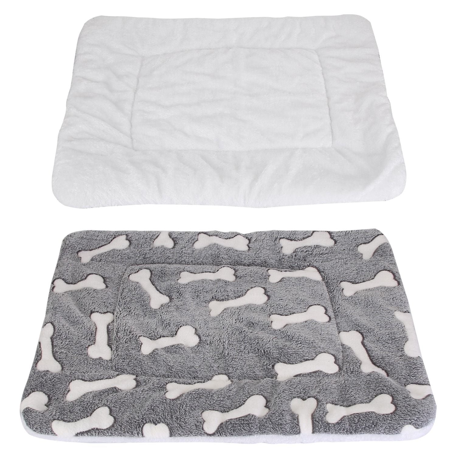 Two views showing white fluffy underside and grey bone-patterned top of the reversible pet mat