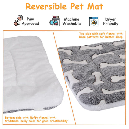 Close-up of reversible flannel dog mat showing grey bone top and white fluffy underside