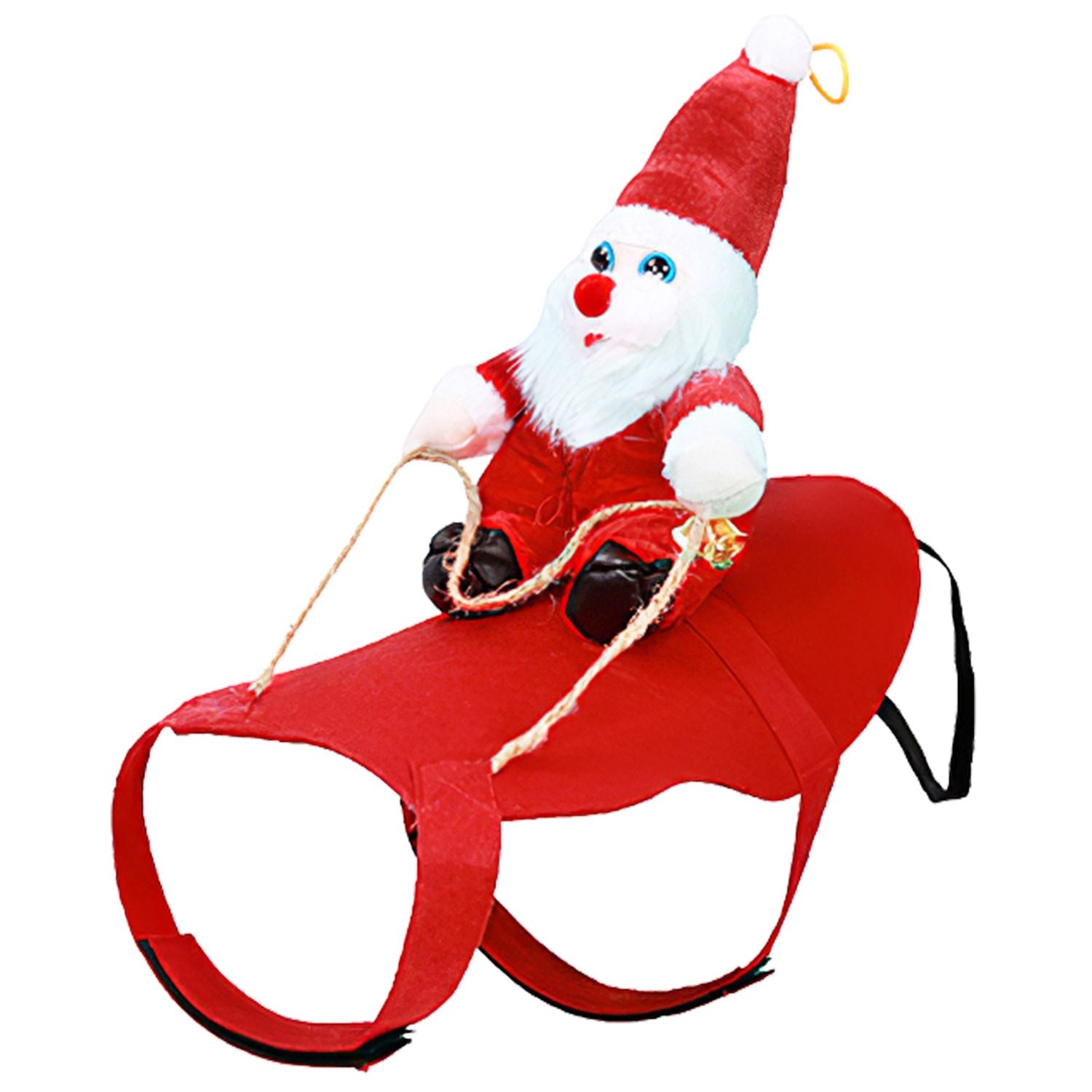 top view of saddle with black elastic loops and plush Santa on white background