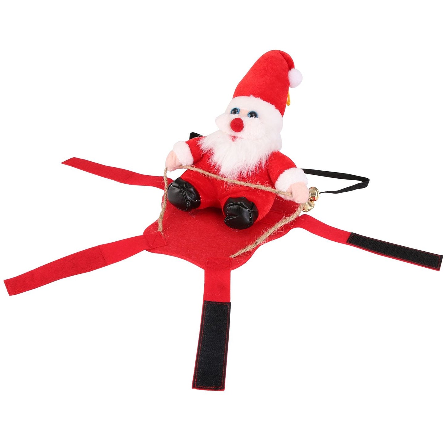 close-up of plush Santa on saddle with jute reins and bell