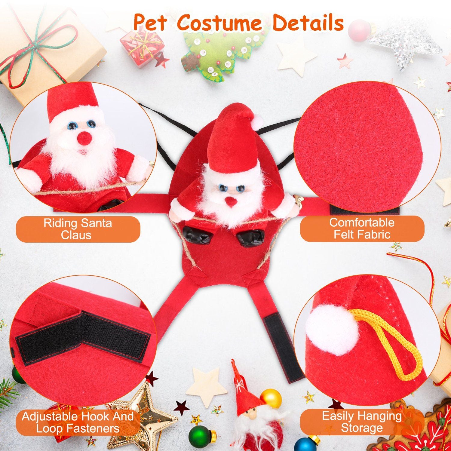 grey kitten modeling small red Santa saddle among decorations