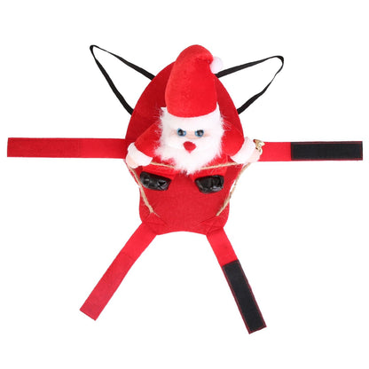 close-up of plush Santa doll with beard hat and bell on saddle