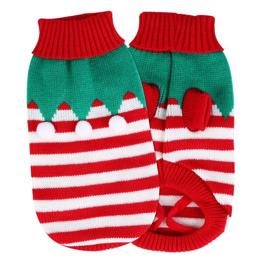 Red green striped pet turtleneck sweater with white pom-poms, flat lay