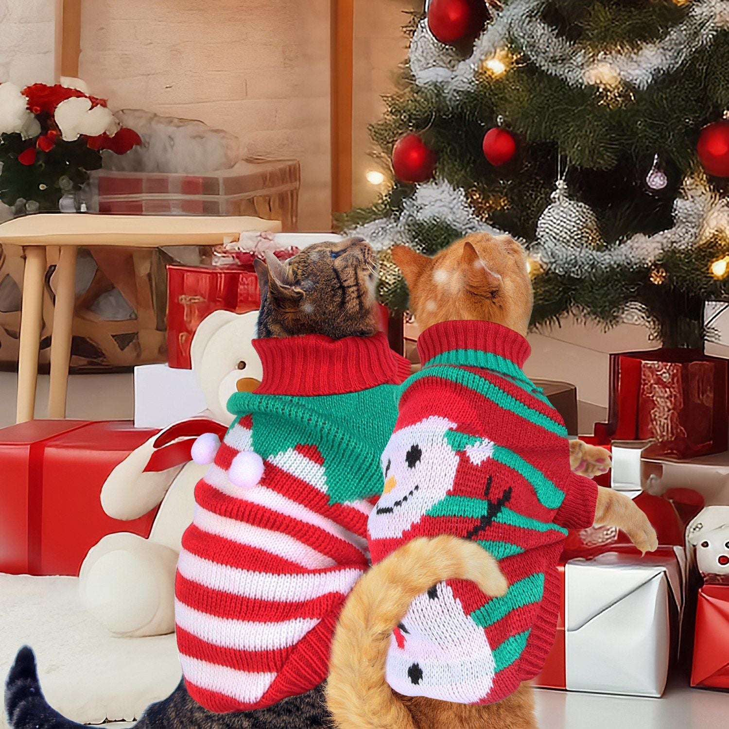 Two cats wearing red striped and snowman pet sweaters beside a Christmas tree