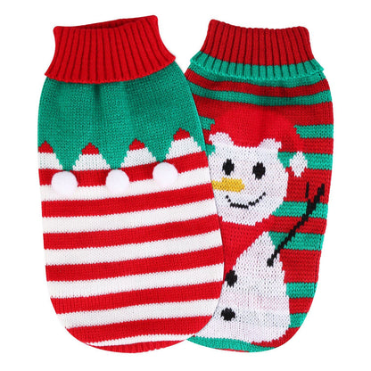 Snowman and striped pet sweaters shown together on white background for catalog use