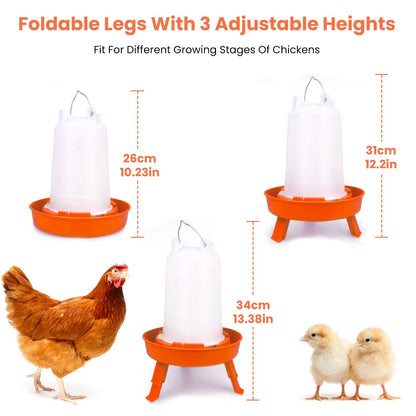 Waterer with foldable legs shown at three adjustable heights for chicks and hens