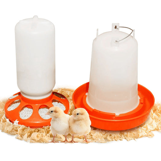 Chick feeder and waterer set on wood shavings with two chicks in front