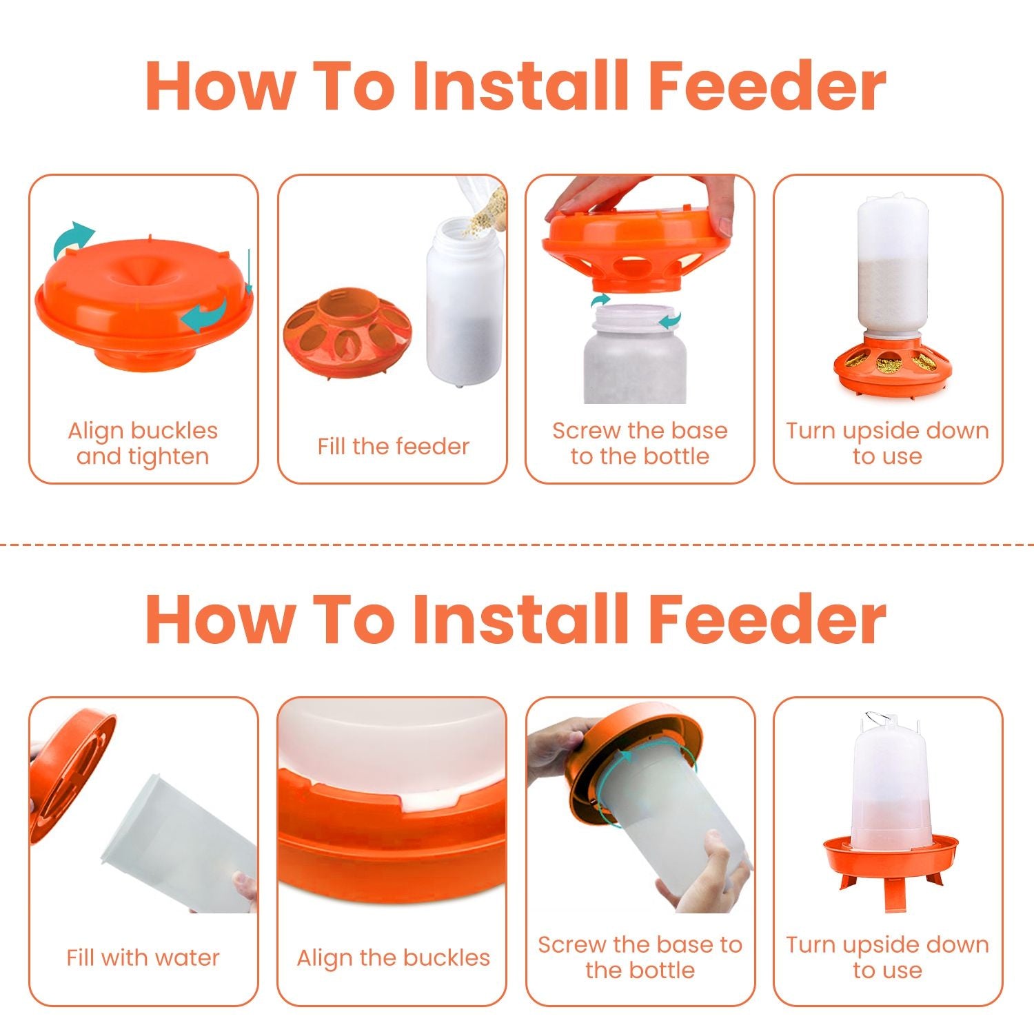 Installation steps showing how to fill, align buckles, screw base and invert feeder and waterer