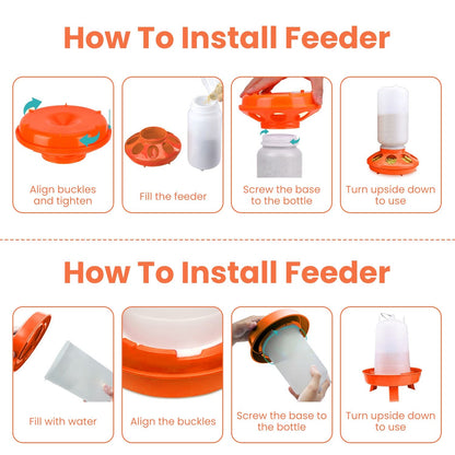 Installation steps showing how to fill, align buckles, screw base and invert feeder and waterer