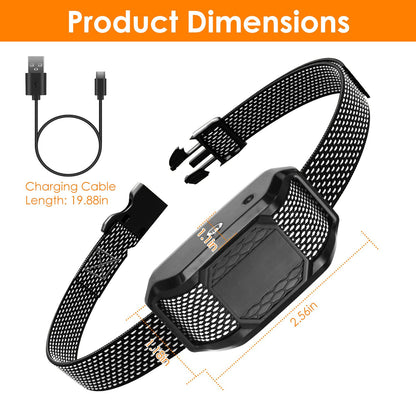 Citronella collar receiver with dimensional annotations and charging cable length measurement