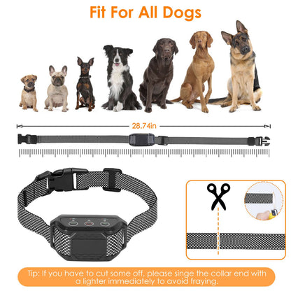 Adjustable citronella bark collar displayed with dog breed lineup and 28.74 inch length graphic