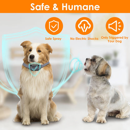 Two dogs in a living room one wearing the citronella spray bark collar with safe and humane feature icons