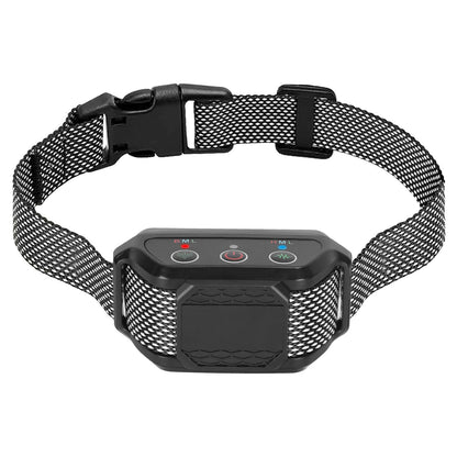 Black citronella spray bark collar with mesh nylon strap, three buttons and LED indicators on white background