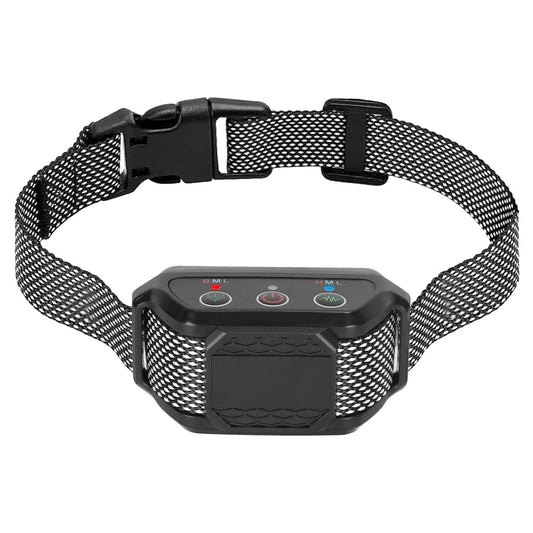 Black citronella spray bark collar with mesh nylon strap, three buttons and LED indicators on white background
