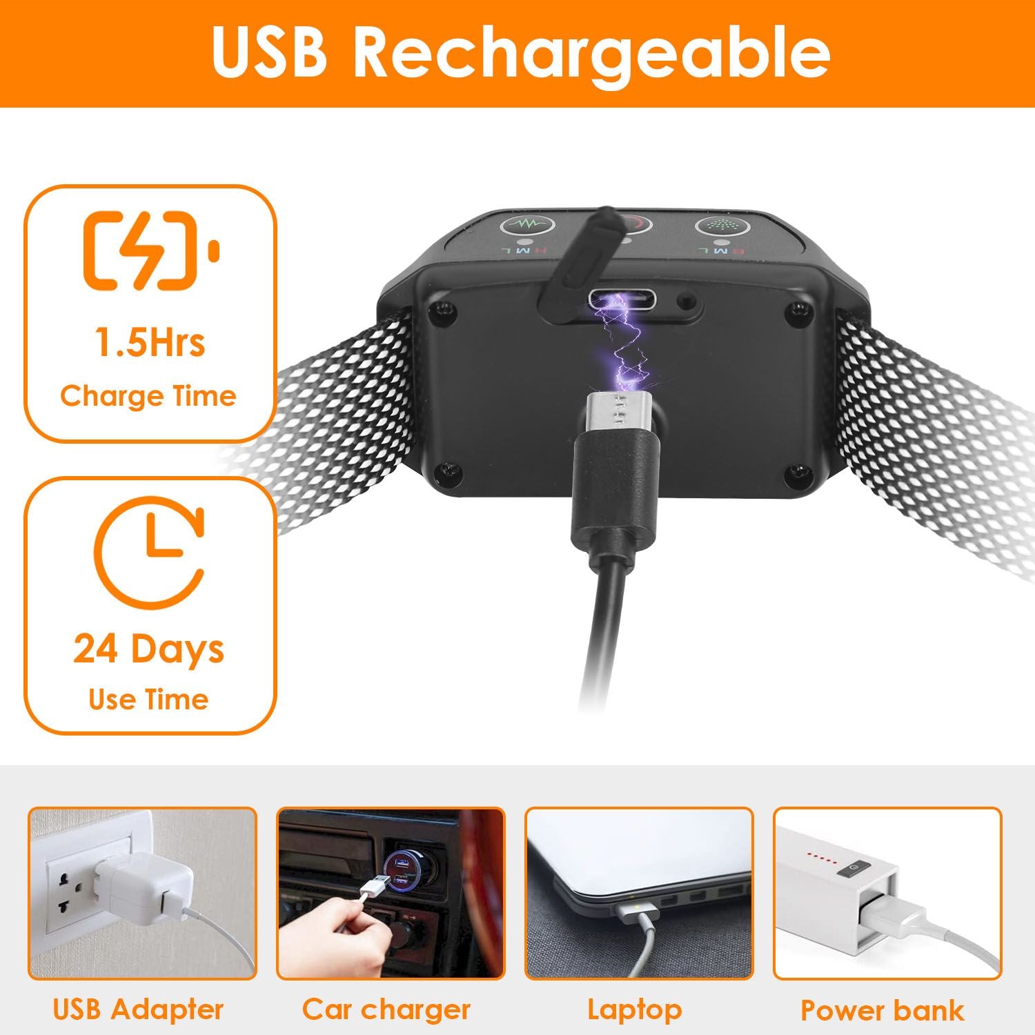 Citronella bark collar connected to a USB cable with charge time and long runtime icons