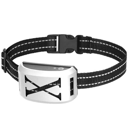 Horizontal studio shot of silver receiver collar showing grille, power LED and strap slots