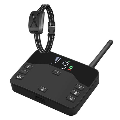 Angled black transmitter with collar showing button layout, antenna and strap routing