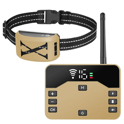 Gold receiver collar above gold transmitter with antenna showing matching kit and controls