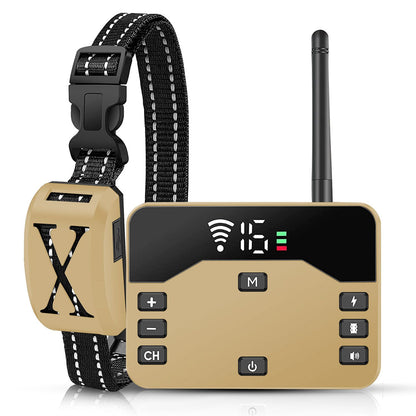 Gold receiver collar with black reflective woven strap and X-shaped grille close-up
